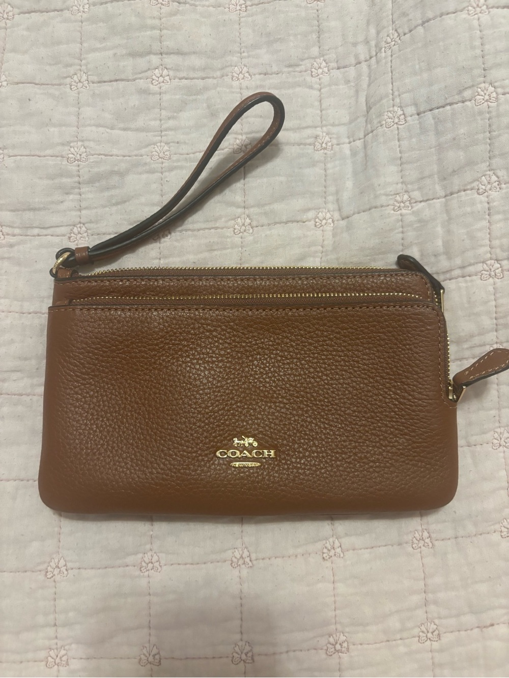 COACH Tan Pebbled Leather Zip Wristlet with Gold Logo